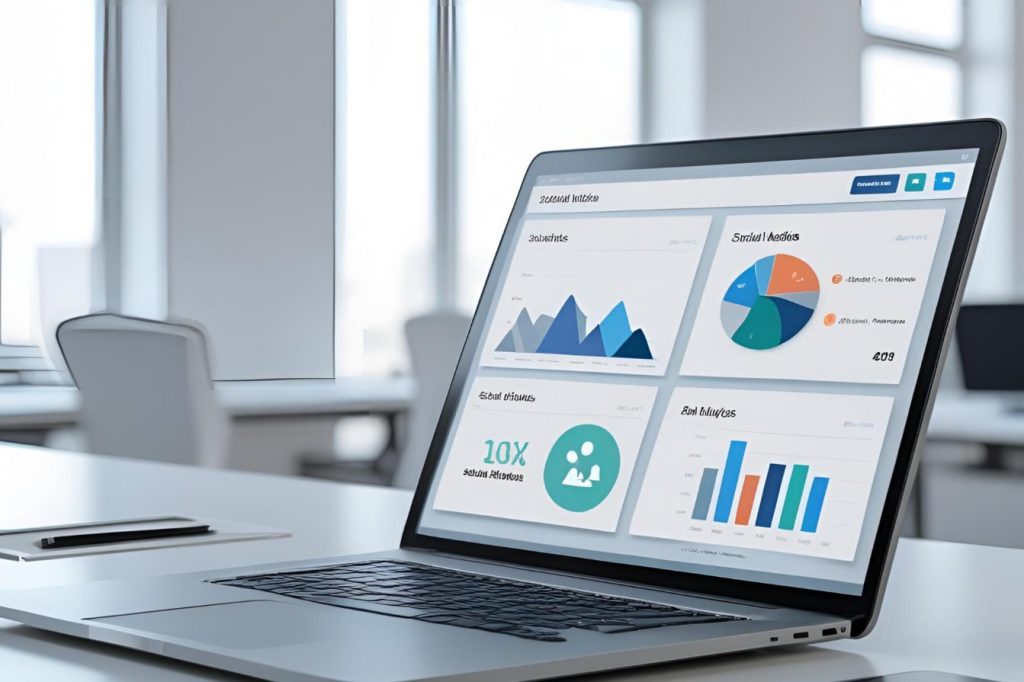 digital marketing for growth in business - computer with analytics and charts on screen
